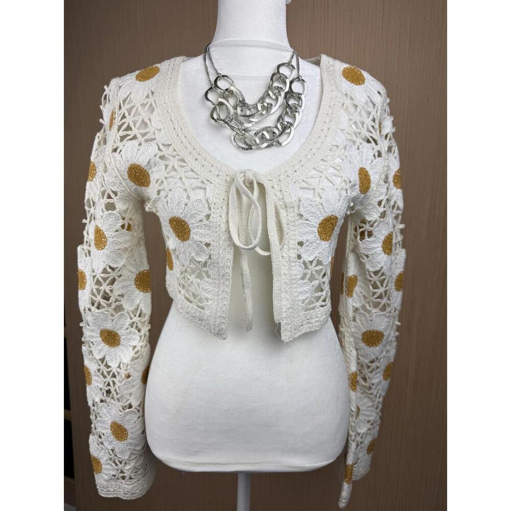 Jessica Simpson Sweater Womens Medium White Crochet Daisy Tie Front Cardigan